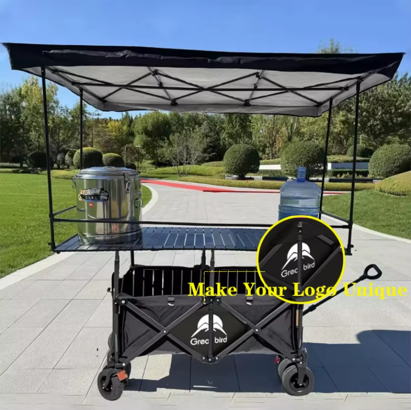 Folding Vending Cart with Adjustable Tabletop & Umbrella Canopy