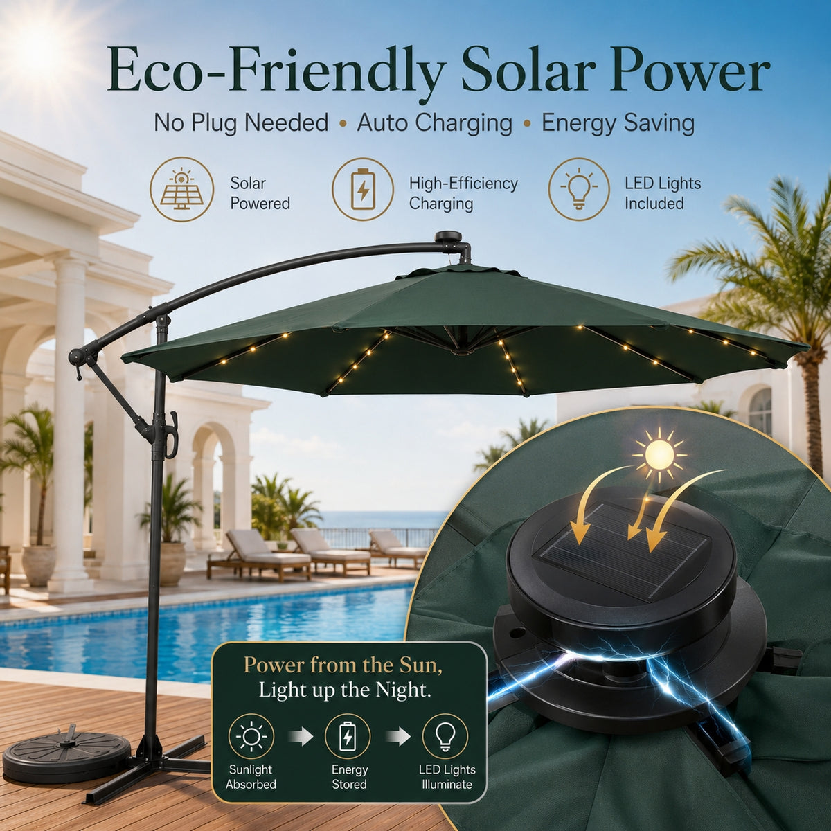 LED Cantilever Patio Umbrella — 10 ft Offset Outdoor Parasol