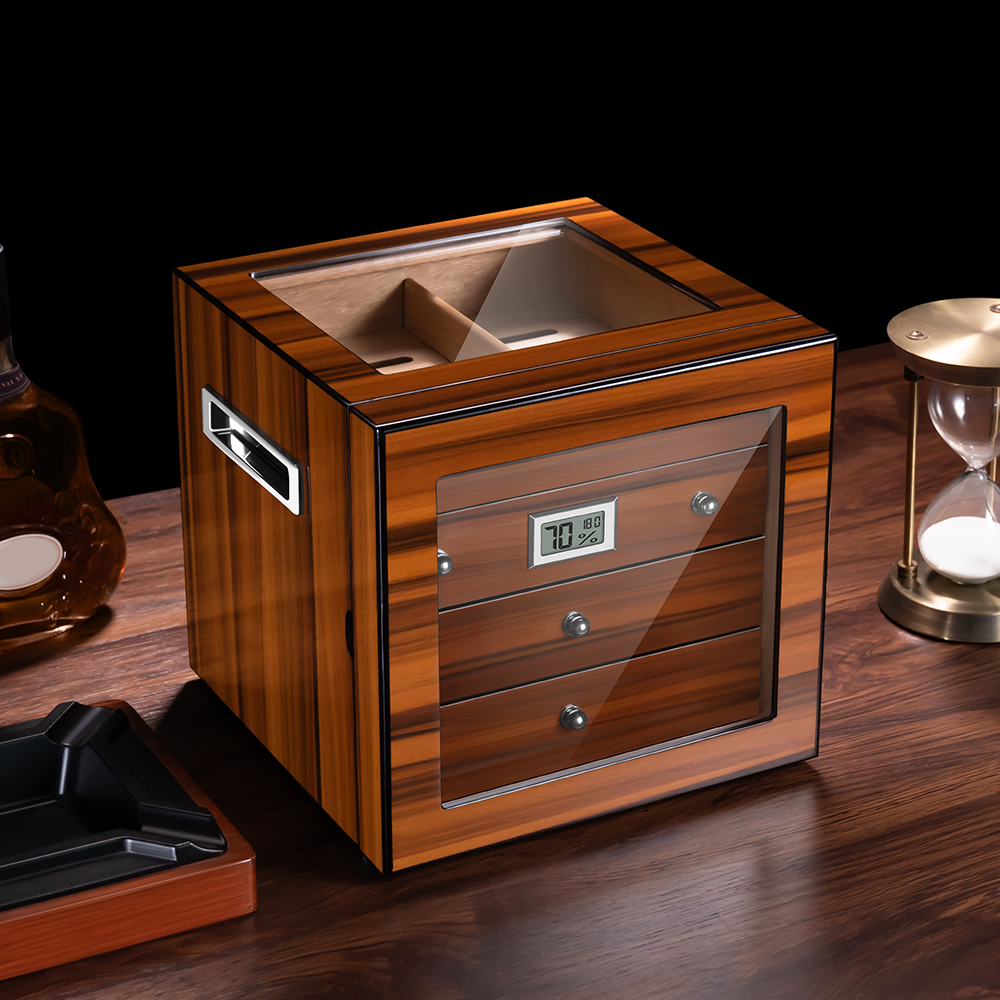 Armoire à cigares en bois — porte vitrée, 4 plateaux
