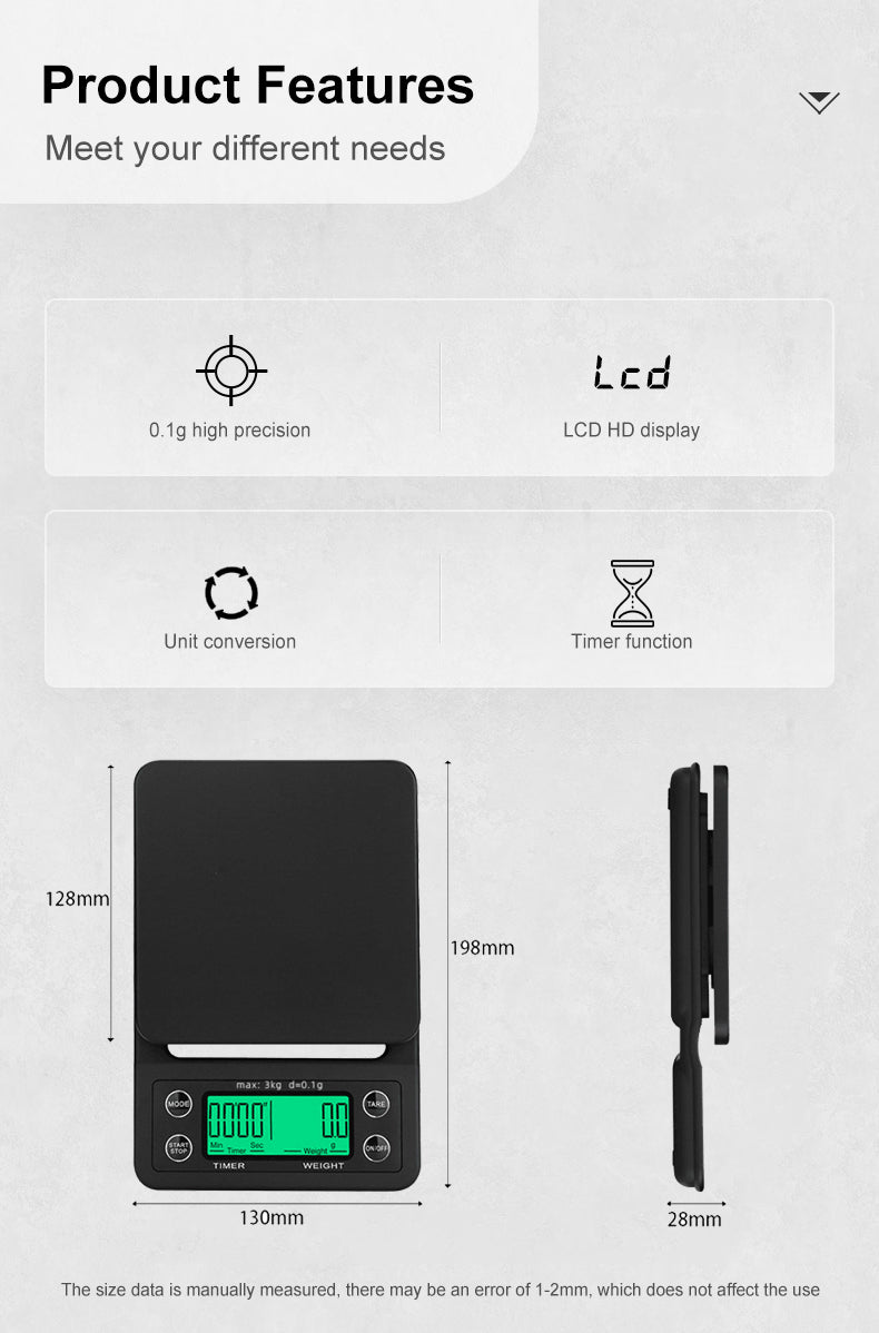 Digital Coffee Scale with Timer — 3 kg, 0.1 g