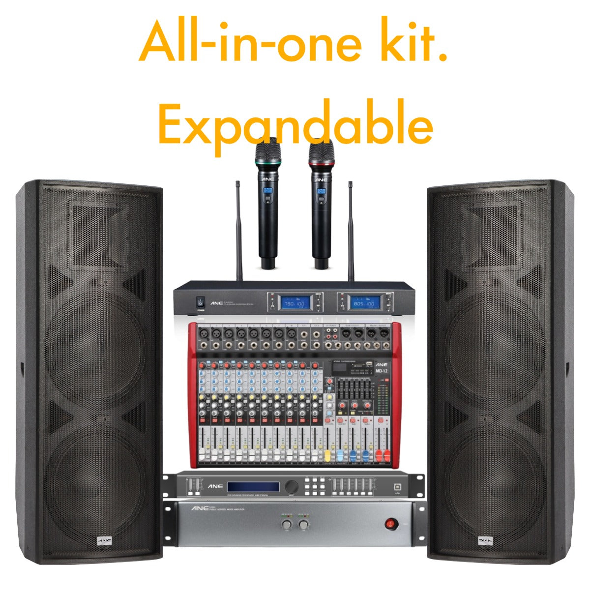 All-in-One 1200–2000W PA System — 15" Speakers, Amp, Mixer & Wireless Mic