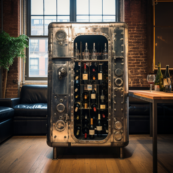 Cave à vin coffre-fort steampunk — armoire en inox rivetée sur mesure