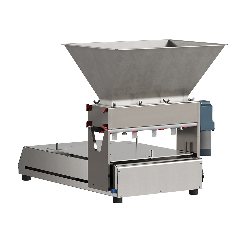 Automatic cake batter depositor — rear three-quarter view with conveyor