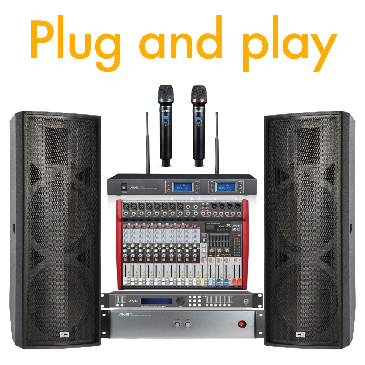 All-in-One 1200–2000W PA System — 15" Speakers, Amp, Mixer & Wireless Mic