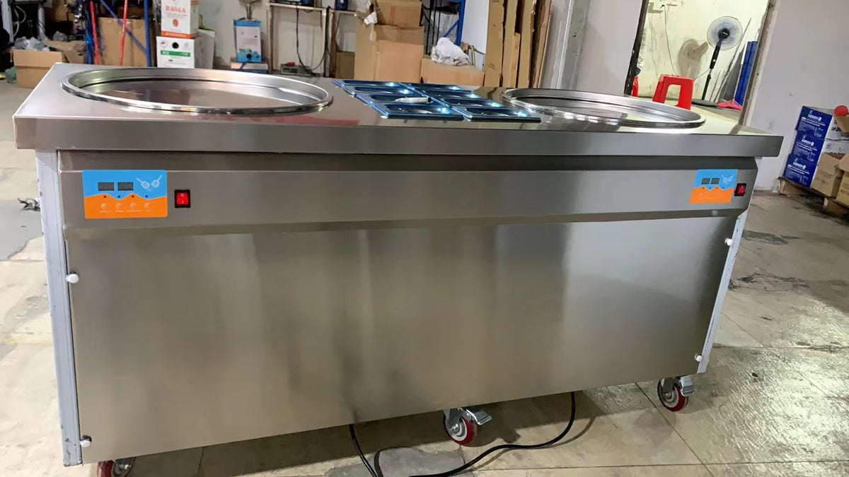 Commercial Rolled Fried Ice Cream Machine — Double Flat Pan