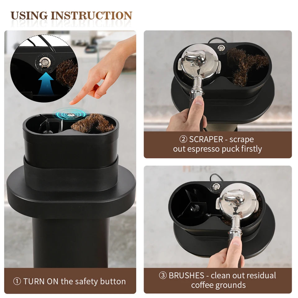Automatic Standing Portafilter Cleaner — Motorized Scraper & Brushes