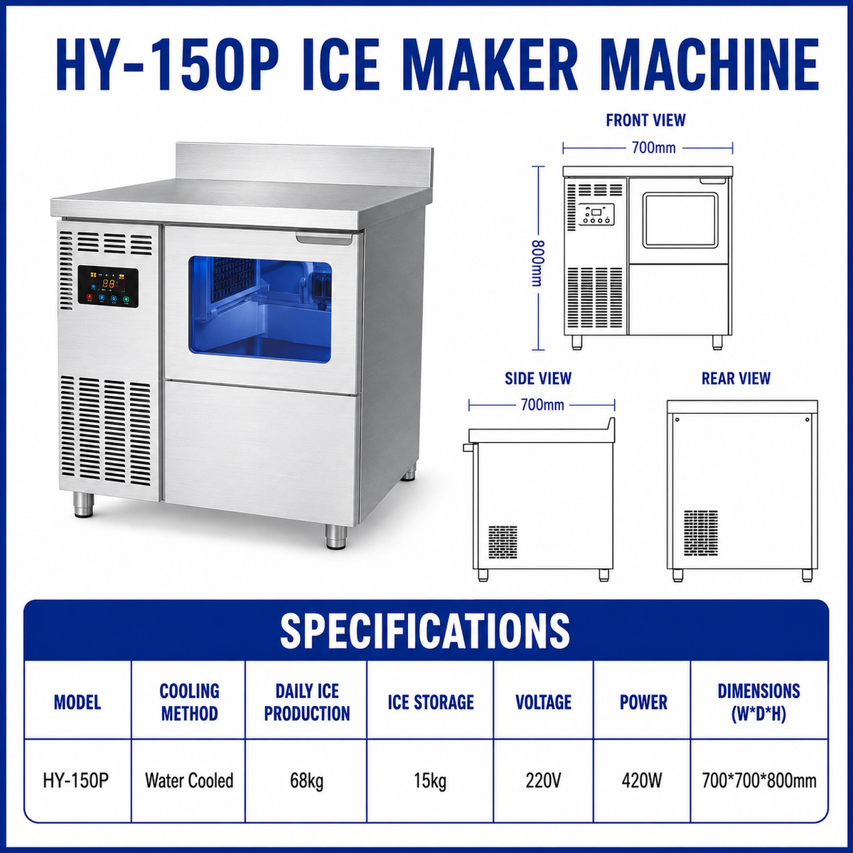 Commercial Undercounter Ice Cube Maker — 68 kg/24h