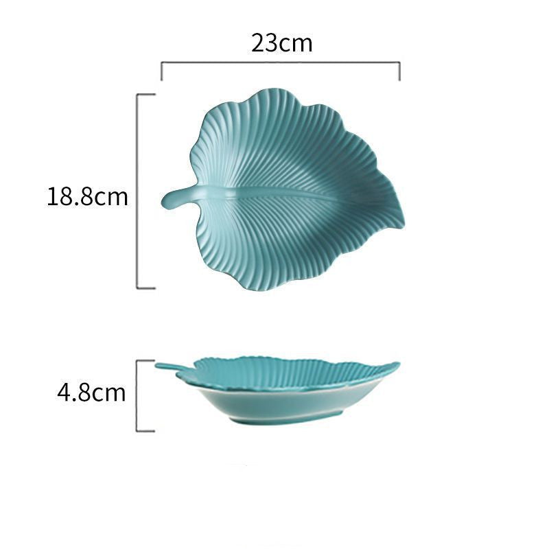 Teal eucalyptus-style ceramic leaf plate, top and side views labeled 23cm wide and 4.8cm tall
