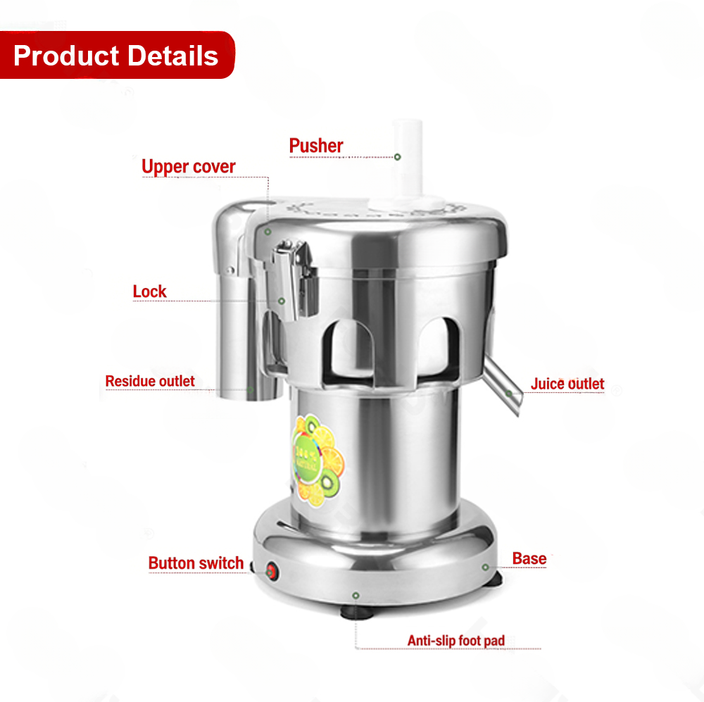 Labeled diagram of juicer parts: pusher, cover, lock, outlets, switch, and base