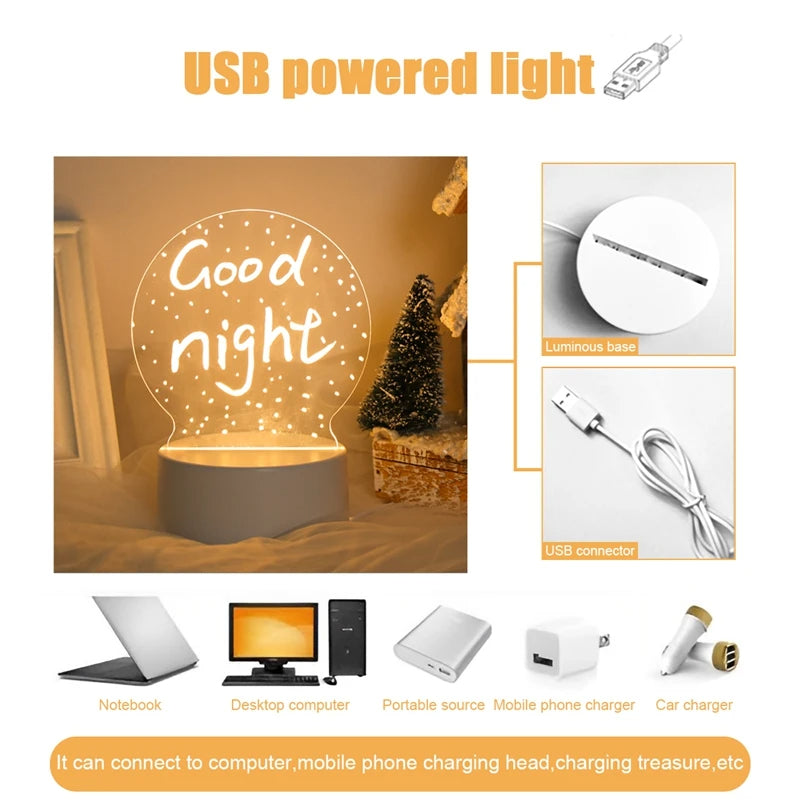 3D Acrylic LED Night Light — USB Warm-White Decorative Lamp
