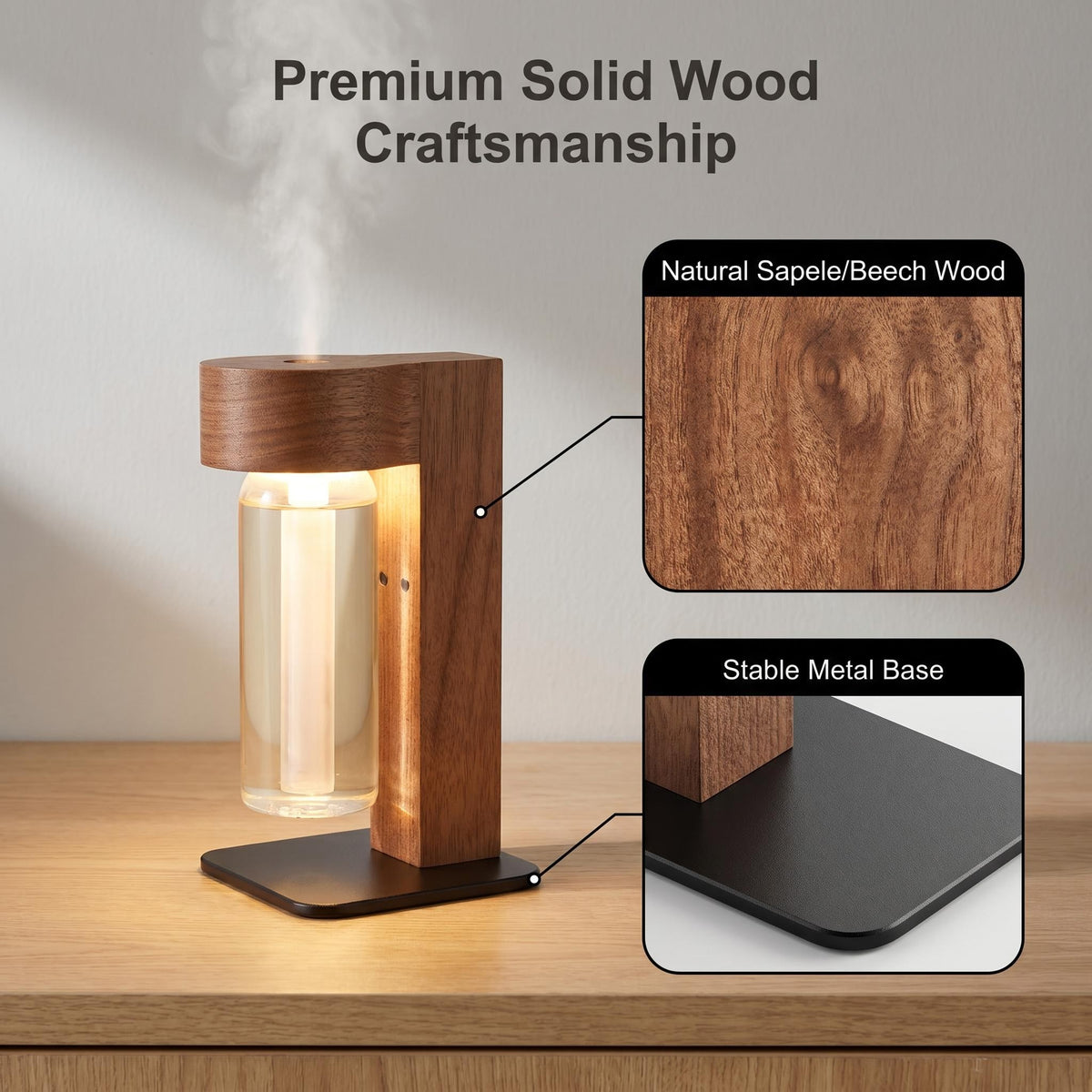 Cordless Wooden Aroma Diffuser Night Light — Motion Sensor