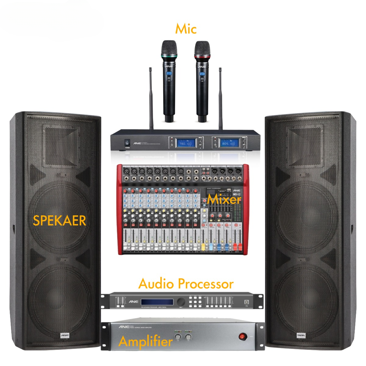 All-in-One 1200–2000W PA System — 15" Speakers, Amp, Mixer & Wireless Mic