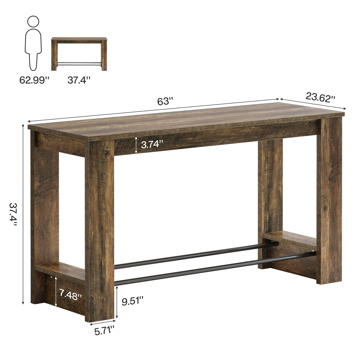 63-Inch Counter-Height Bar Table with Metal Footrest