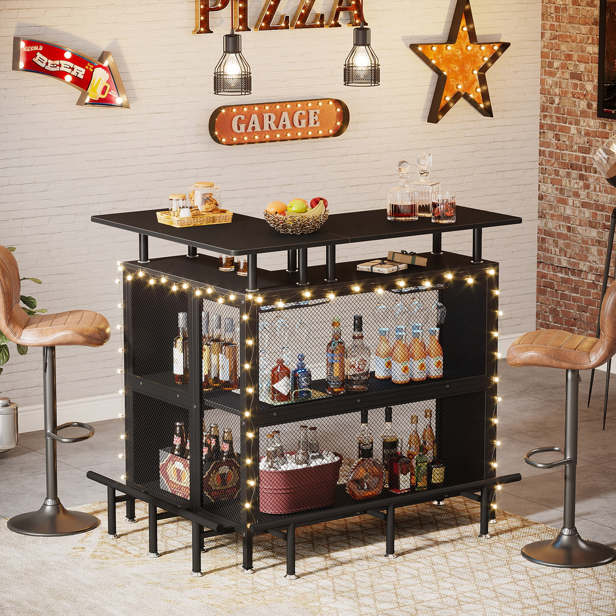 L-Shaped Corner Home Bar Cabinet with Storage & Stemware Racks