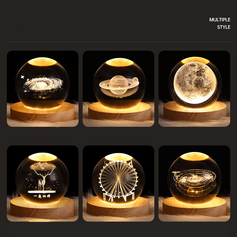 3D Crystal Ball LED Night Light with Wooden Base