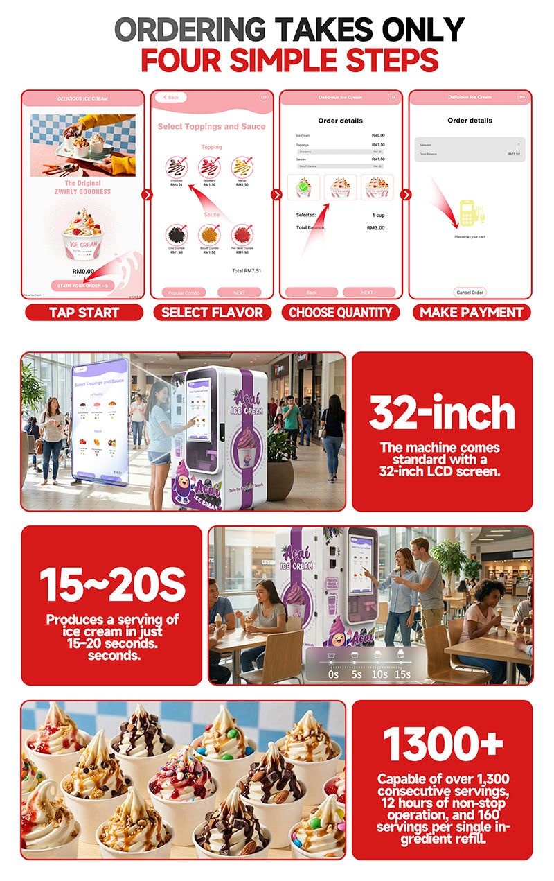 Automatic Soft Serve Ice Cream Vending Machine — 32" Touchscreen, DIY Flavors