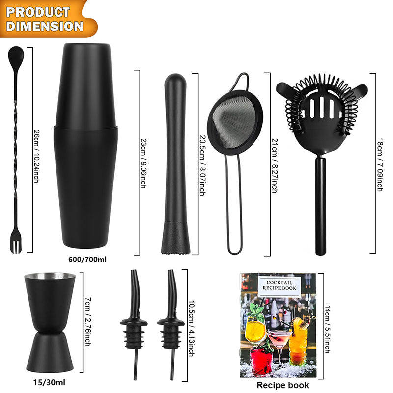 Matte Black Boston Cocktail Shaker Set — 8-Piece Bartender Kit