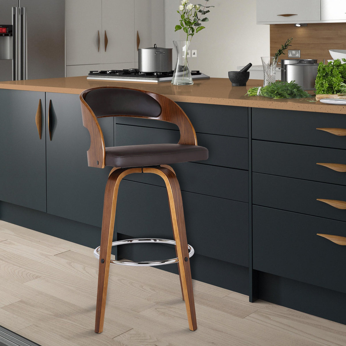 Bentwood Swivel Bar Stool — Chrome Base, PU Leather Seat