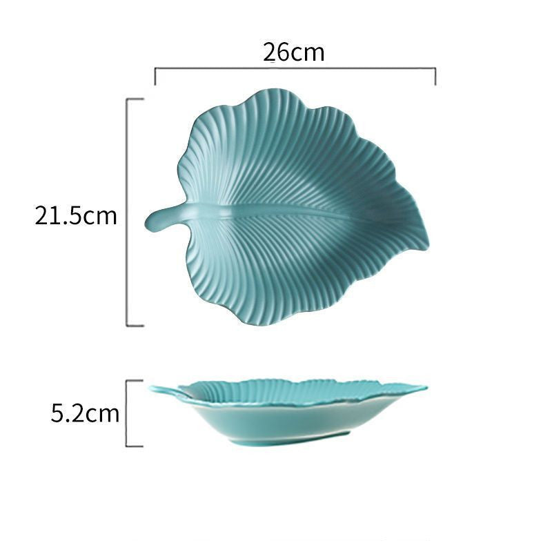 Teal maple leaf ceramic plate with veined texture, shown top-down and side view with size dimensions
