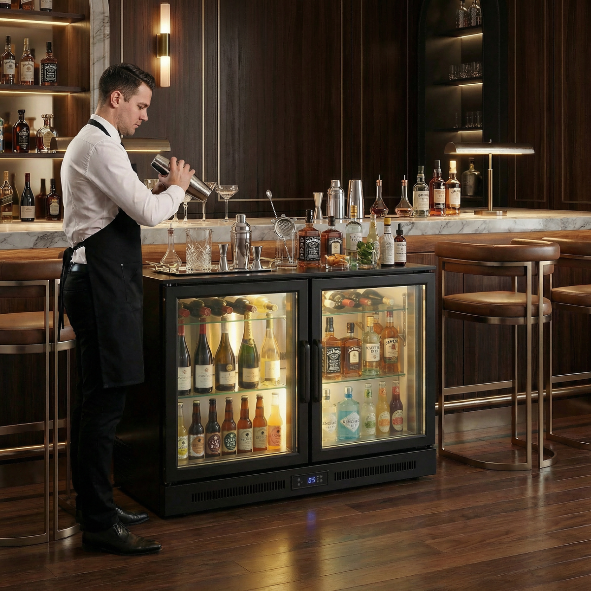Commercial Under-Counter Glass-Door Refrigerator — Stainless Steel Worktop Chiller