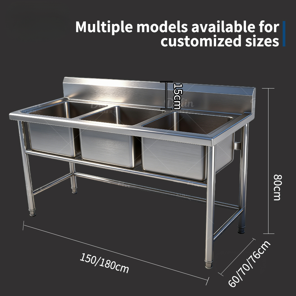 Commercial Triple-Bowl Stainless Steel Sink with Adjustable Legs