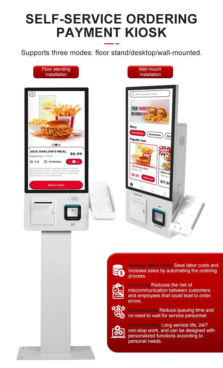 21.5" Wall-Mounted Self-Service Kiosk with Card Reader & Thermal Printer
