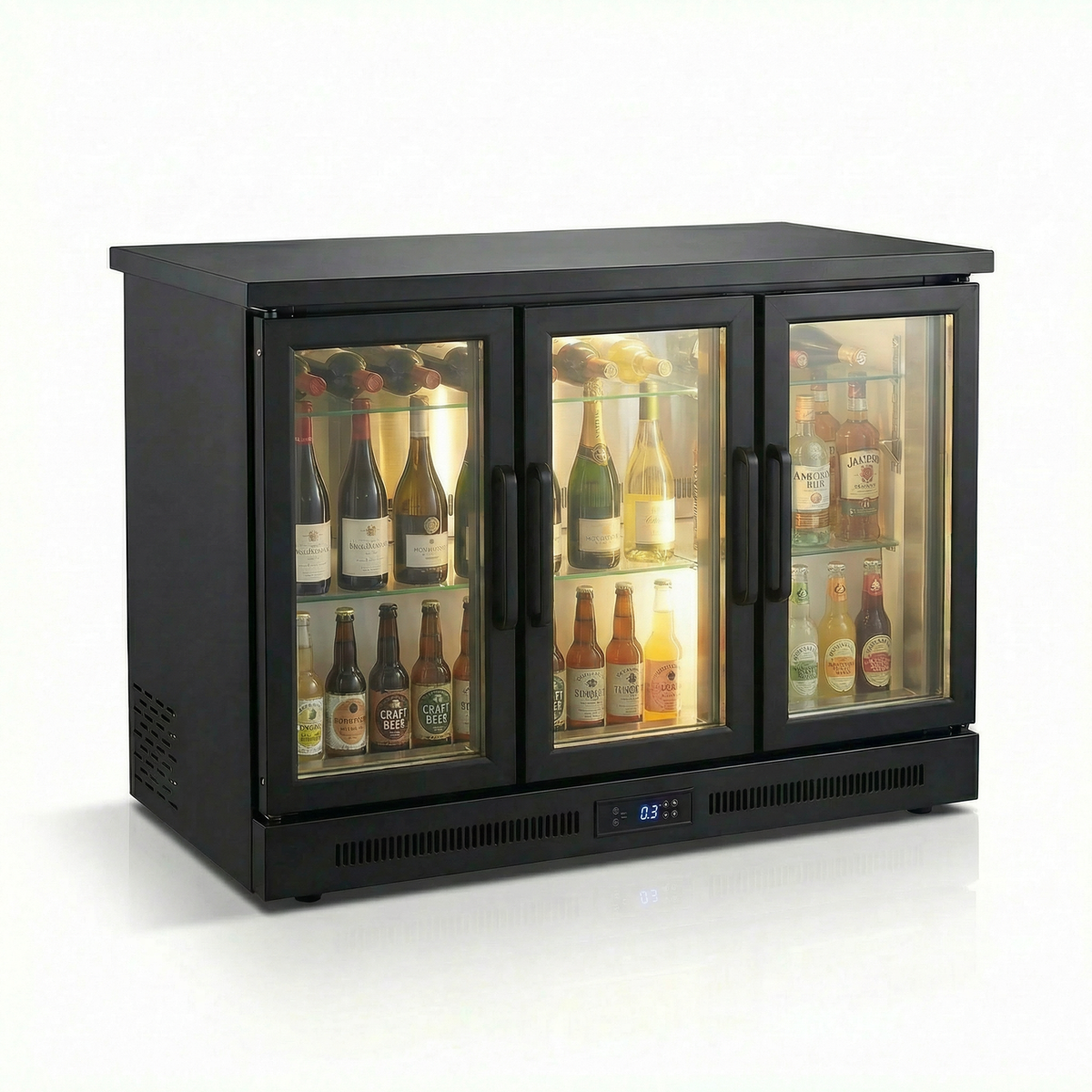 Commercial Under-Counter Glass-Door Refrigerator — Stainless Steel Worktop Chiller