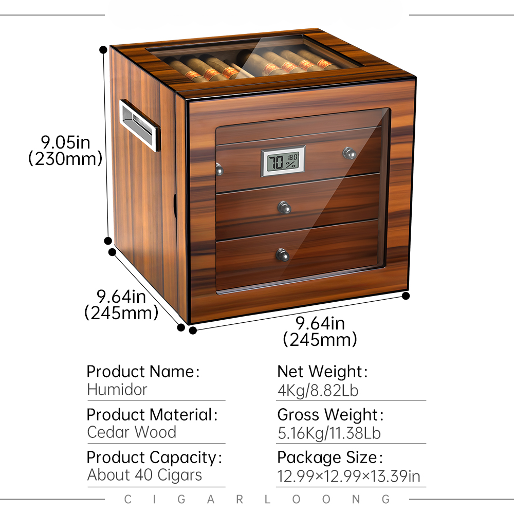 Armoire à cigares en bois — porte vitrée, 4 plateaux