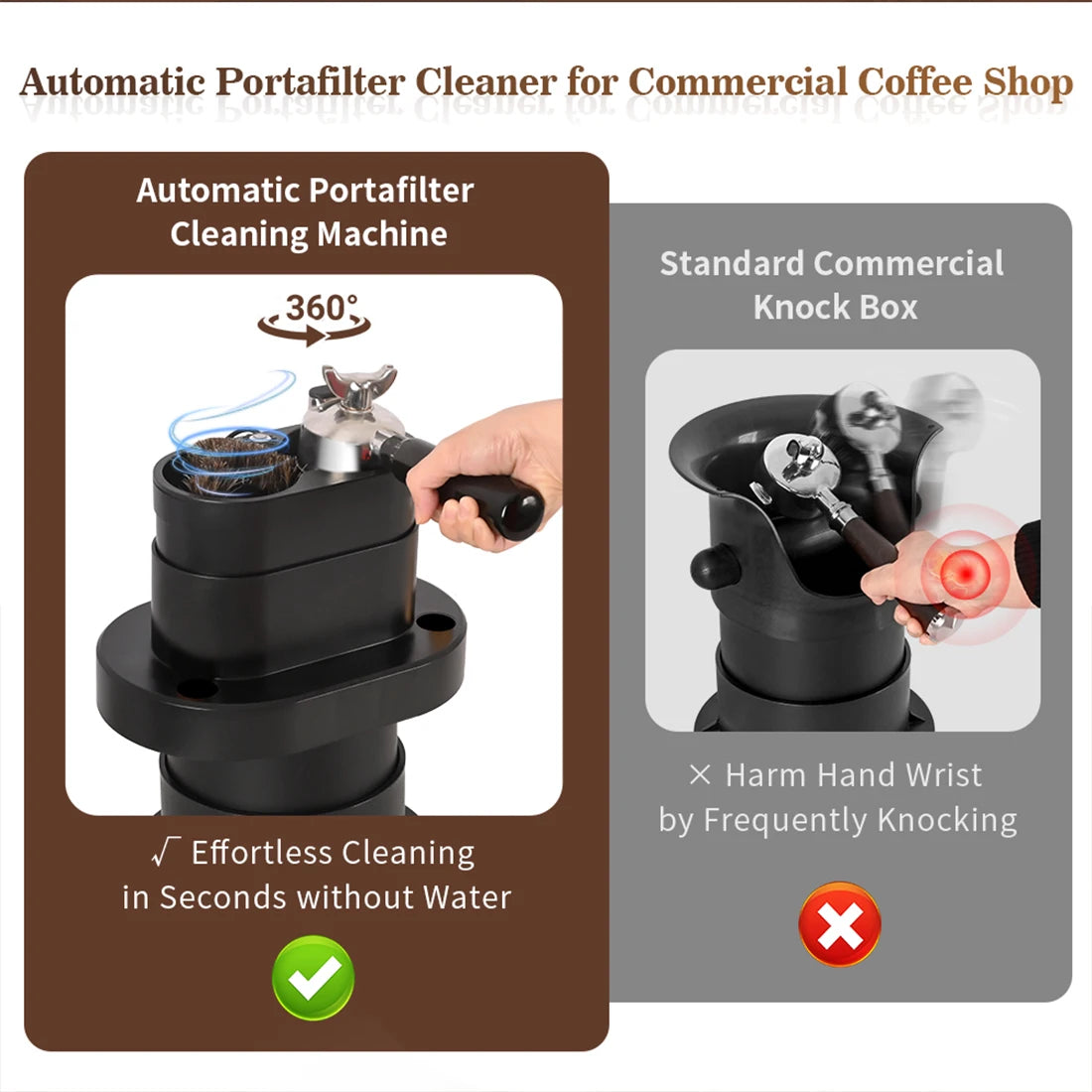 Automatic Standing Portafilter Cleaner — Motorized Scraper & Brushes