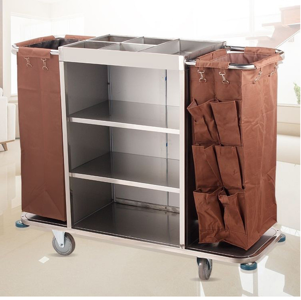 Housekeeping Cleaning Cart — Stainless Steel Maid Trolley