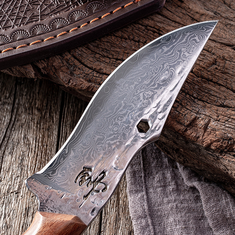 Damascus Steel Steak Knife with Handmade Wood Handle and Sheath