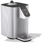 Silver ridged wine dispenser shown at an angle with drip tray, on a white background