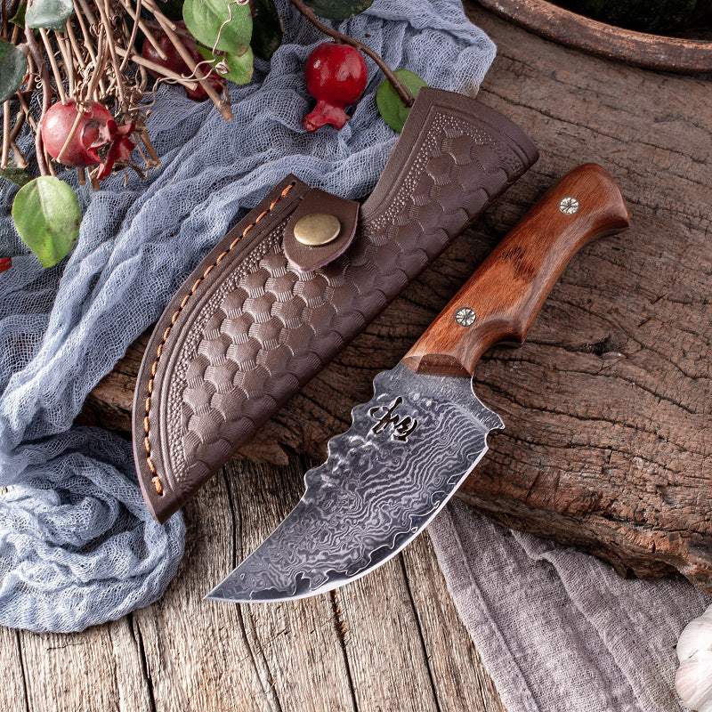 Damascus Steel Steak Knife with Handmade Wood Handle and Sheath