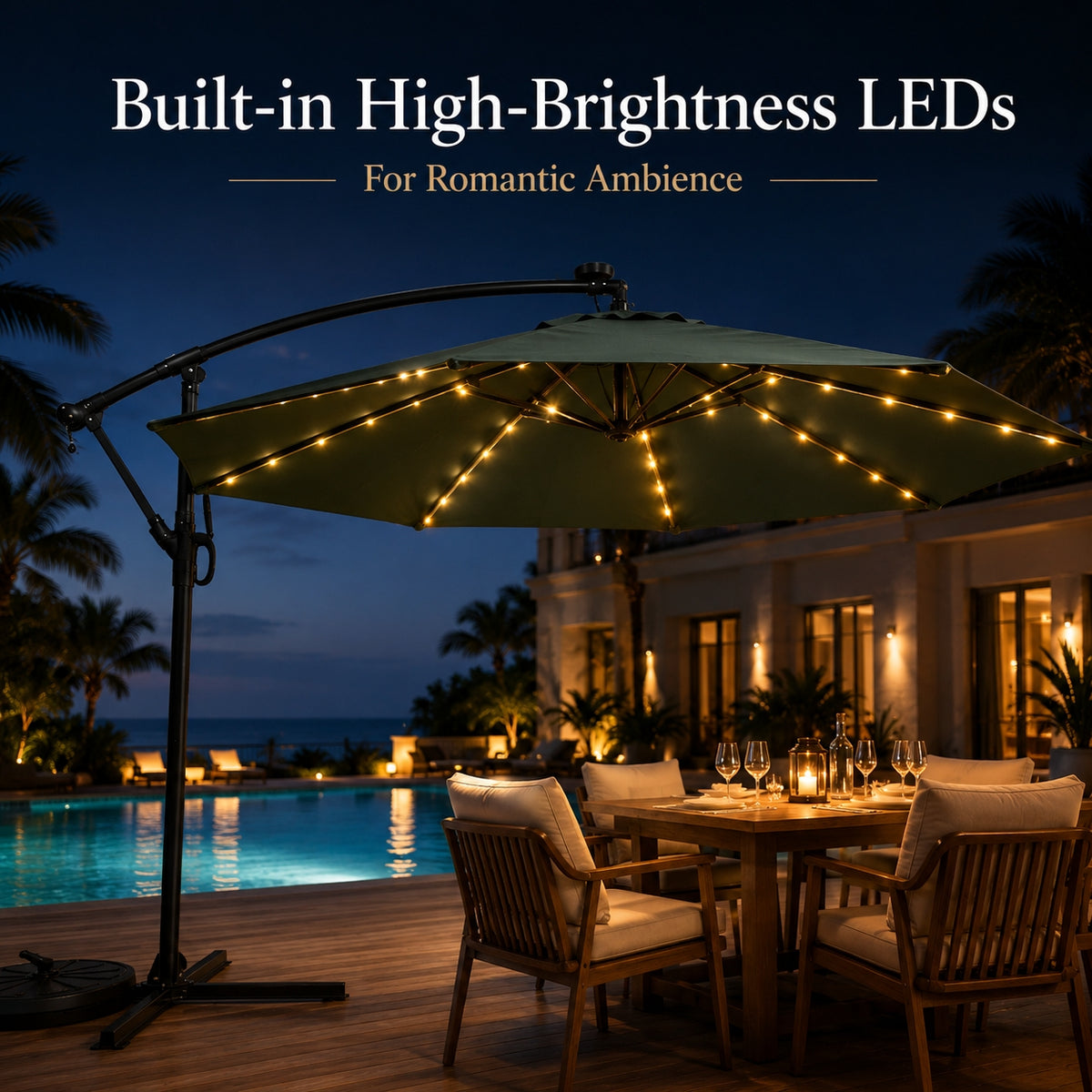 LED Cantilever Patio Umbrella — 10 ft Offset Outdoor Parasol