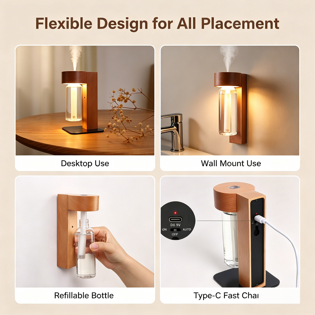 Cordless Wooden Aroma Diffuser Night Light — Motion Sensor