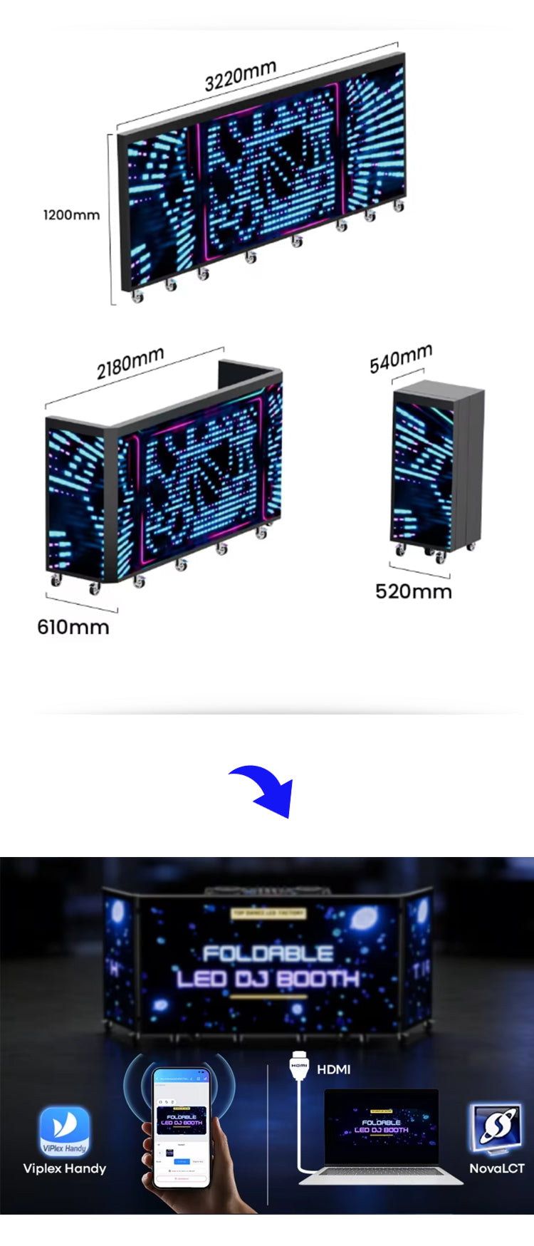 Foldable Portable LED DJ Booth Screen — Curved, on Wheels
