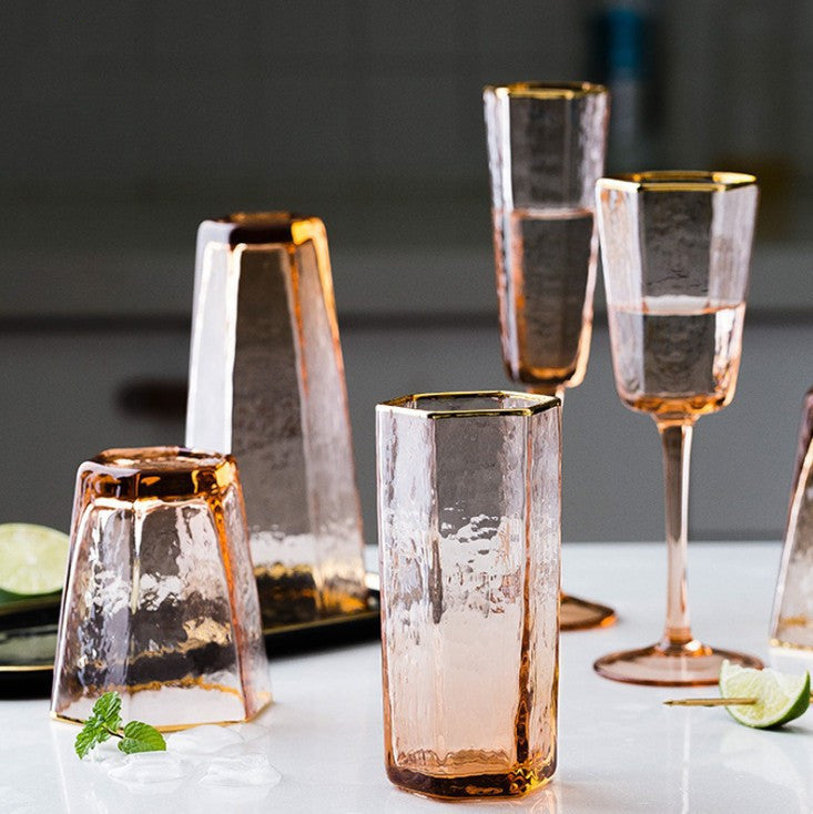 Vintage Hexagonal Gilded Glass Collection, cocktail glasses