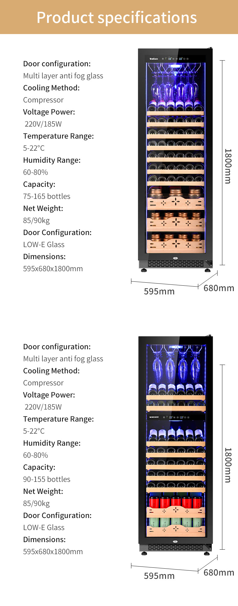 Dual-Zone Compressor Wine Cooler — 59-Bottle, Humidity Controlled