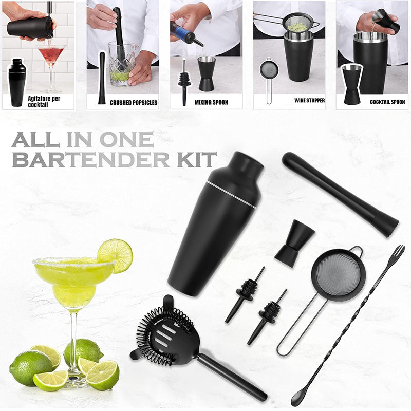 Matte Black Boston Cocktail Shaker Set — 8-Piece Bartender Kit
