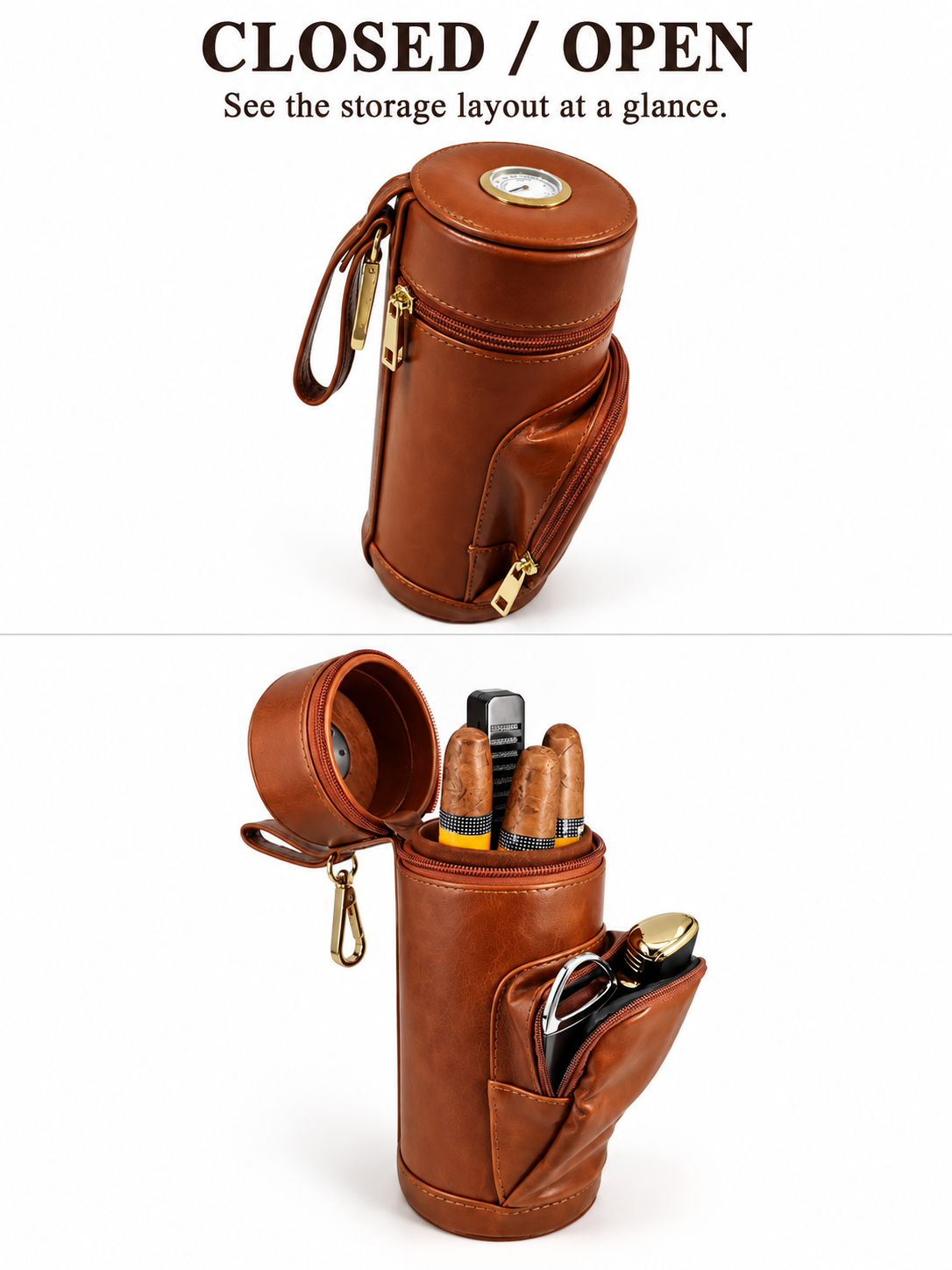 Étui à cigares de voyage en cuir avec hygromètre intégré