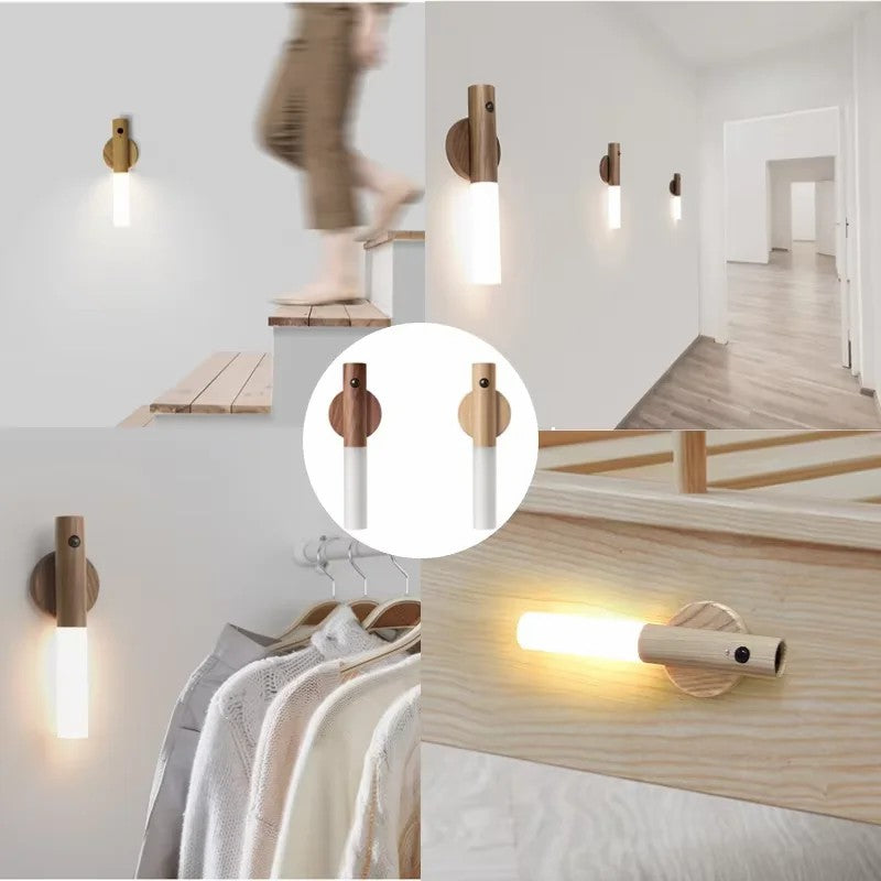 Magnetic Rechargeable LED Motion-Sensor Night Light with Wood Base