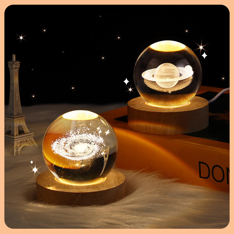 3D Crystal Ball LED Night Light with Wooden Base