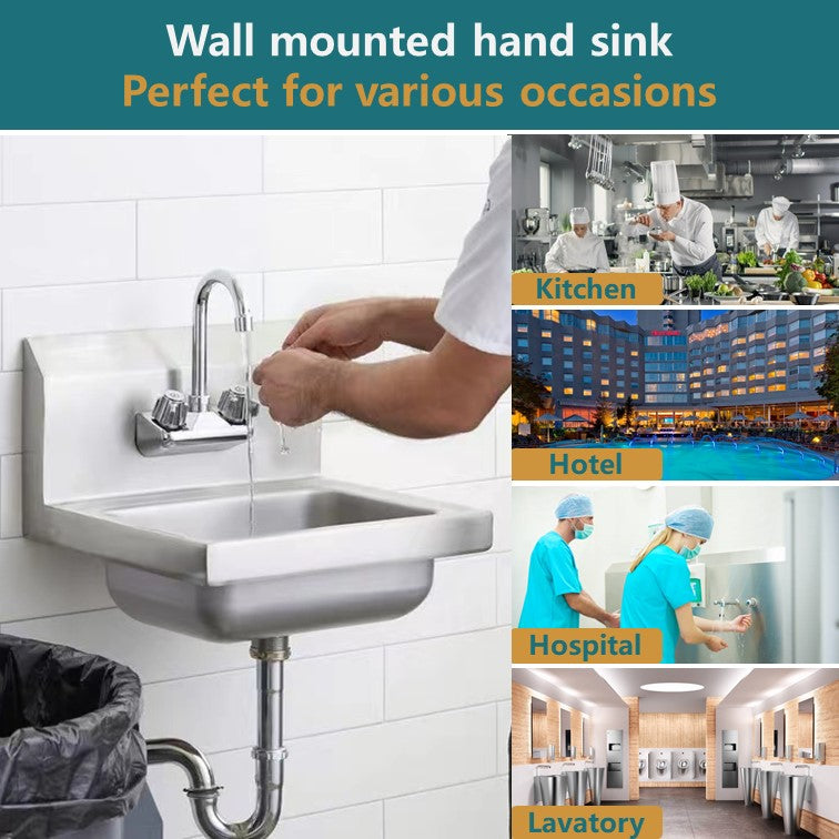 Wall-Mount Commercial Hand Sink — 304 Stainless Steel with Splash Guard