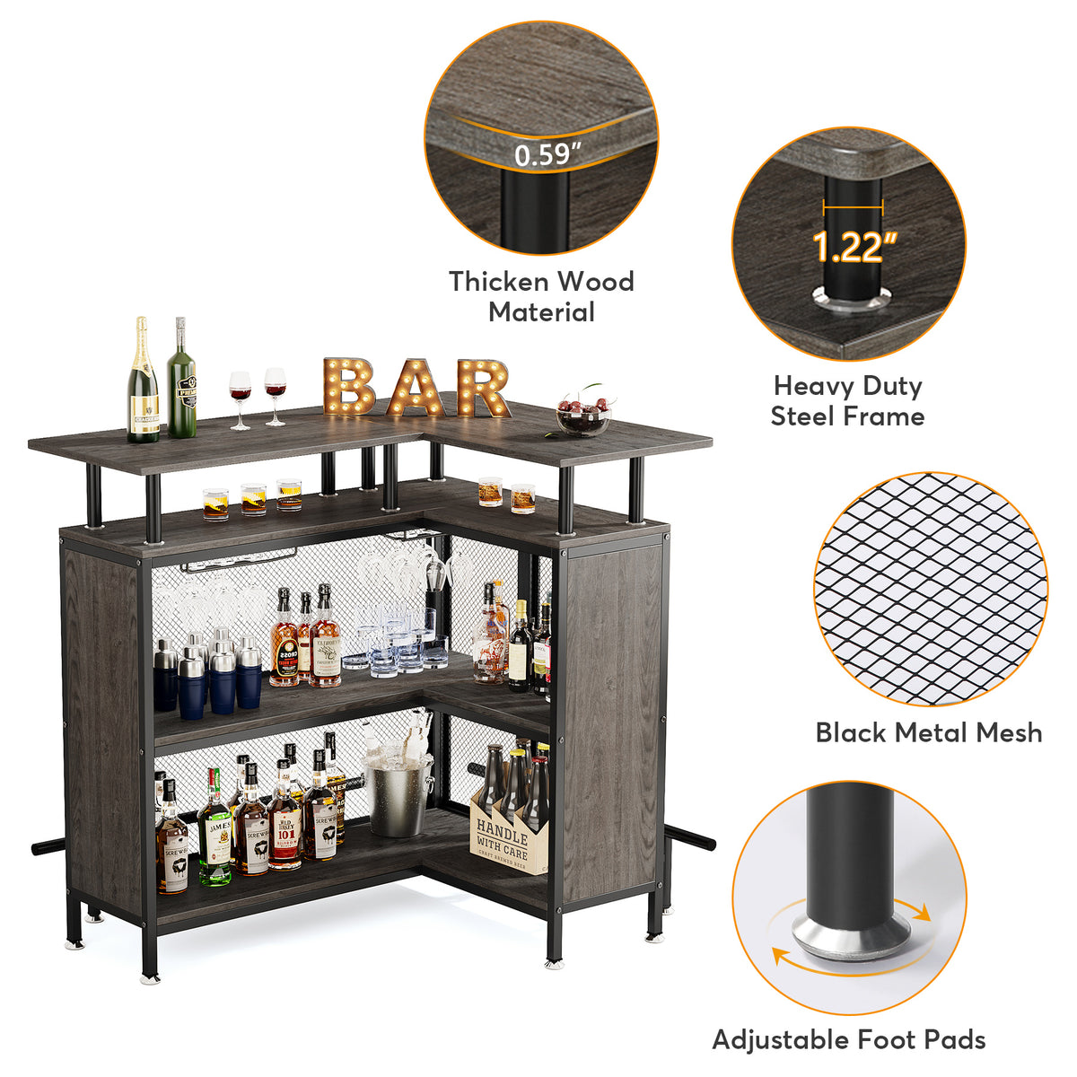 L-Shaped Corner Home Bar Cabinet with Storage & Stemware Racks