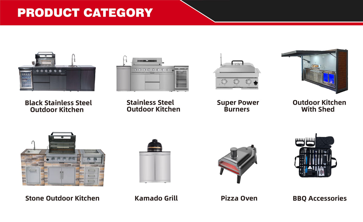 Outdoor Kitchen Cabinet Set with Weatherproof Shed — 4-Burner Gas Grill, 304 Stainless Steel