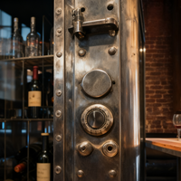 Vista previa de la imagen de Vinoteca steampunk tipo cámara acorazada — armario remachado de acero inoxidable a medida