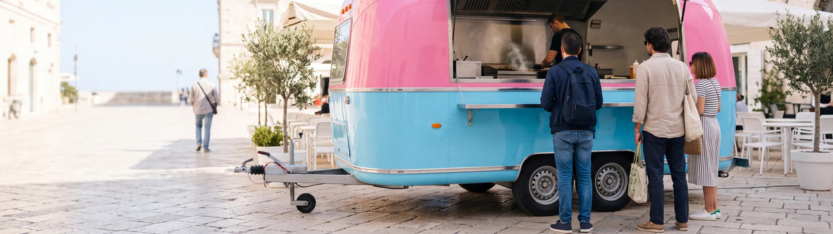 A pink and sky-blue food trailer serving a queue of customers on a sunny stone city square