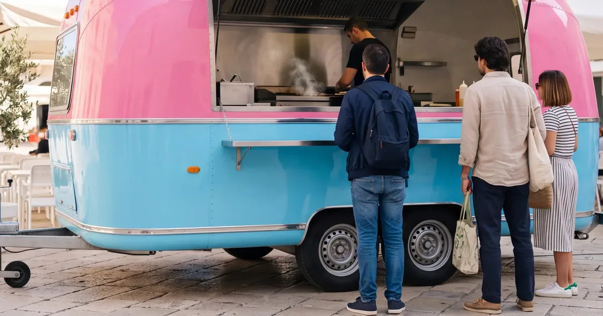 Remorque snack rose et bleu ciel, clients en file devant la fenêtre de service ouverte