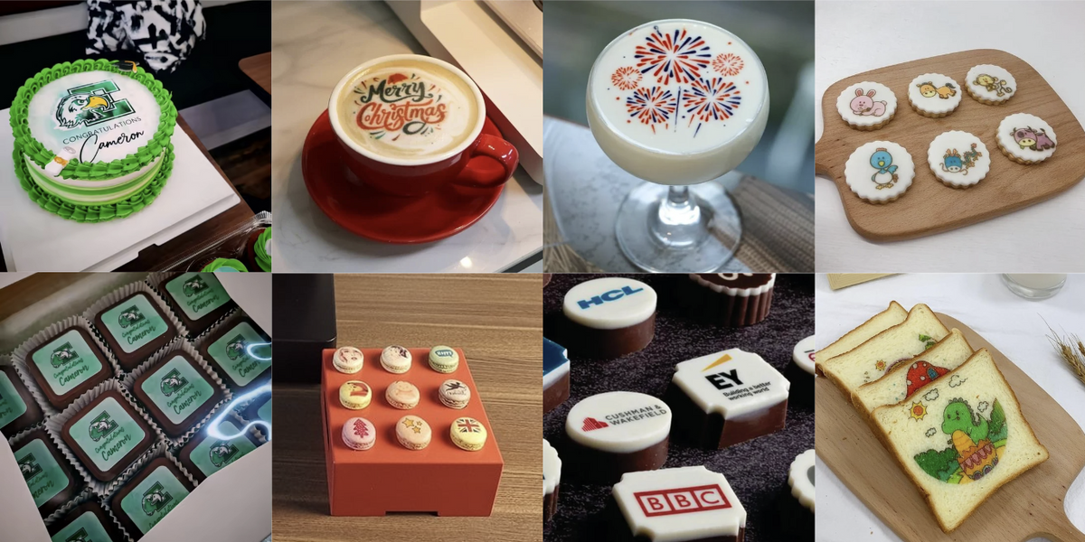 Grid of desserts and drinks carrying printed edible-ink designs