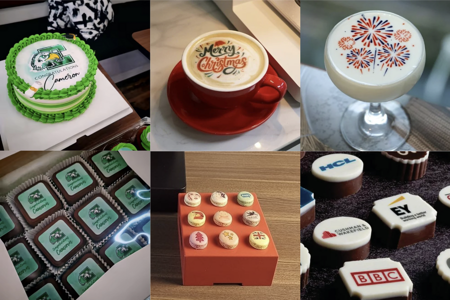 Cakes, cookies, macarons and coffee cups side by side, each carrying a printed edible design